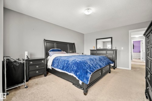 This bedroom features neutral-toned carpet and light gray walls, creating a versatile aesthetic - 635 41 Avenue, Edmonton, AB - Indoor Photo Showing Bedroom