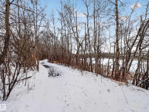 Scenic path covered in snow, surrounded by trees, with a body of water visible in the background - 7 85 Gervais Road, St. Albert, AB - Outdoor With View