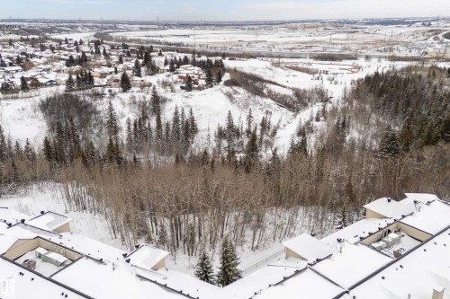 The property features a multi-level roofline and is situated amongst a landscape of mature trees and snow-covered terrain - 114 592 Hooke Road, Edmonton, AB - Outdoor With View