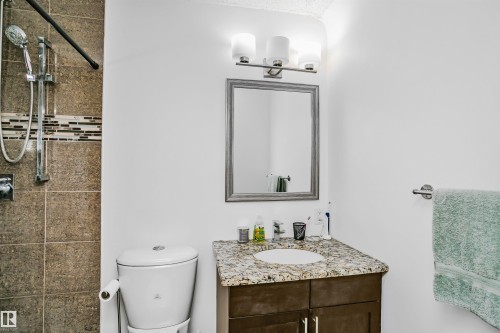 The bathroom features a vanity with a granite countertop, a shower with tiled walls and an accent tile band, and a toilet - 6524 112 Street, Edmonton, AB - Indoor Photo Showing Bathroom
