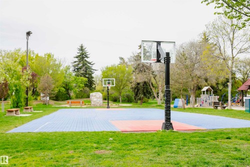 Community basketball court with a blue and red playing surface, surrounded by green grass and mature trees - 6524 112 Street, Edmonton, AB - Outdoor