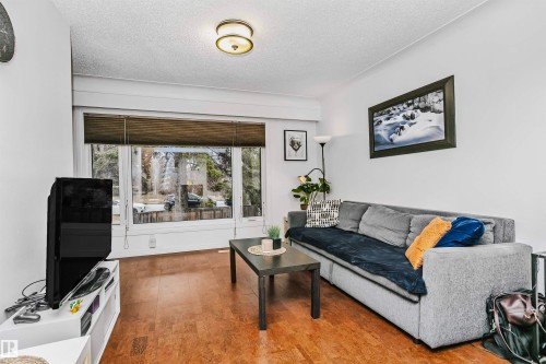 Living area featuring wide windows, a ceiling light fixture, and hardwood flooring - 6524 112 Street, Edmonton, AB - Indoor Photo Showing Living Room