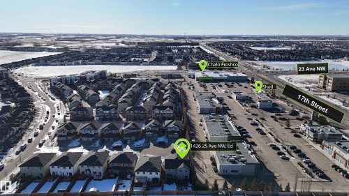 An aerial view showcasing the property's proximity to commercial establishments and main thoroughfares - 1426 25 Avenue, Edmonton, AB - Outdoor With View