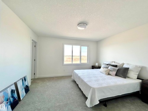 Carpeted bedroom with a textured ceiling and baseboards - 19634 29 Avenue, Edmonton, AB - Indoor Photo Showing Bedroom
