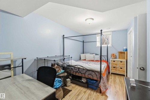 Bedroom featuring light blue walls, wood-finish flooring, a single window, and a flush-mount ceiling light - 6036 106 Street, Edmonton, AB - Indoor Photo Showing Bedroom