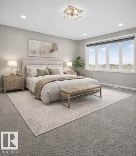 The property features a spacious room with light gray carpeting, a large window providing views of the outdoors, and a contemporary ceiling light fixture - 3419 Chickadee Drive, Edmonton, AB - Indoor Photo Showing Bedroom