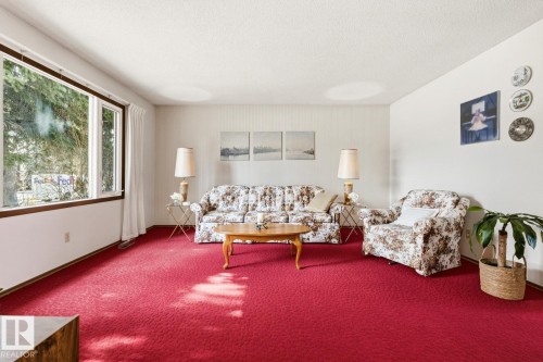 The living area features a large window, providing natural illumination, and is finished with red carpeting - 10716 52 Avenue, Edmonton, AB - Indoor Photo Showing Living Room