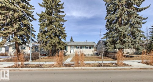 The property features a concrete walkway leading to the front entrance, a well-maintained lawn, and mature evergreen trees - 10716 52 Avenue, Edmonton, AB - Outdoor