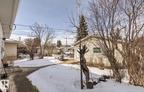 The property features a concrete walkway leading into a yard with a partial covering of snow, mature trees, and shrubs - 10716 52 Avenue, Edmonton, AB - Outdoor