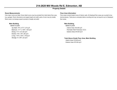 Property Details. Providing room dimensions and floor area information for the property - 214 2620 Mill Woods Road E, Edmonton, AB - Other