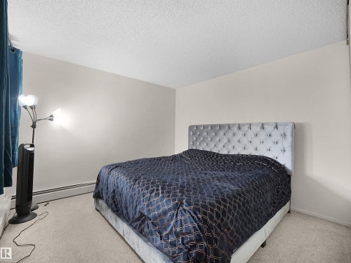 This room features soft neutral walls, carpeted floors, and a textured ceiling - 214 2620 Mill Woods Road E, Edmonton, AB - Indoor Photo Showing Bedroom