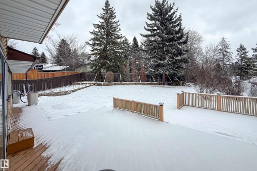 The property features an expansive backyard with a wooden deck, a spacious lawn area, and mature evergreen trees - 11 Granada Place, St. Albert, AB - Outdoor