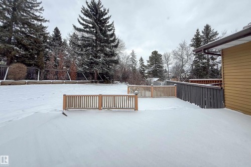 The property features an extensive yard with a lawn, mature trees, and a wooden deck - 11 Granada Place, St. Albert, AB - Outdoor