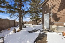 The property features a brown-sided exterior with a white entry door, leading to a yard with a concrete pathway and mature trees - 