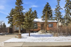 The property features a brick exterior, a driveway, and a front yard with mature evergreen trees and some ground cover - 