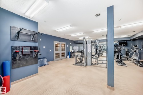 Well-equipped fitness center featuring various exercise machines, wall-mounted workout equipment, and ample lighting - 307 10121 80 Avenue, Edmonton, AB - Indoor Photo Showing Gym Room