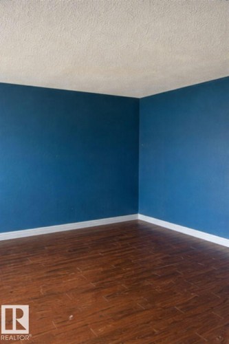 The room features rich brown flooring, blue walls, and white baseboards - 4 3819 76 Street, Edmonton, AB - Indoor Photo Showing Other Room