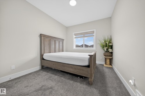 Bedroom featuring light grey walls, grey carpet, a window with a view of rooftops and sky, and a ceiling light fixture - 449 Roberts Crescent, Leduc, AB - Indoor Photo Showing Bedroom