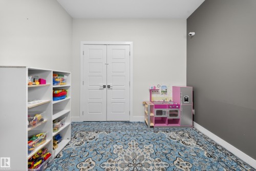 This room features a decorative blue and white area rug and white trim - 449 Roberts Crescent, Leduc, AB - Indoor