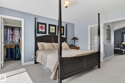 Bedroom with light blue walls, light-colored carpet, and an open closet - 20719 51 Avenue, Edmonton, AB - Indoor Photo Showing Bedroom