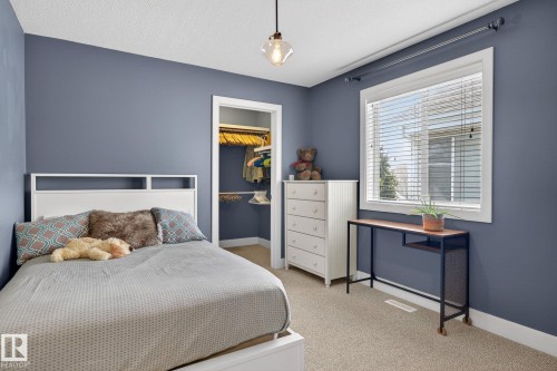 This bedroom features a window with blinds, a closet with built-in shelving, and a hanging light fixture - 20719 51 Avenue, Edmonton, AB - Indoor Photo Showing Bedroom