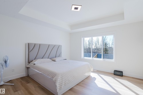 This bright room features a large window, a tray ceiling, and light-toned flooring - 79 Silverstone Drive, Stony Plain, AB - Indoor Photo Showing Bedroom