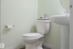 The bathroom features a white pedestal sink with a chrome faucet, and a white toilet - 