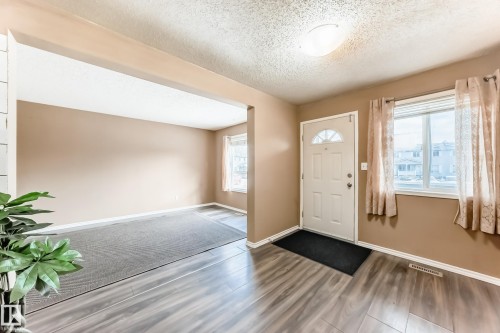 This property features light wood flooring, a white front door with an arched window, and a rectangular window with sheer curtains - 6 1580 Millwoods Road E, Edmonton, AB - Indoor Photo Showing Other Room