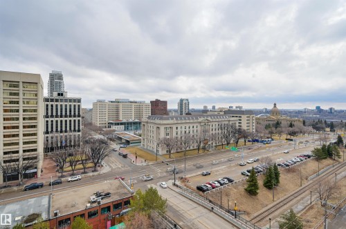 Elevated views showcasing surrounding buildings, roadways with vehicles, and mature trees - 1202 9909 110 Street Nw, Edmonton, AB - Outdoor With View