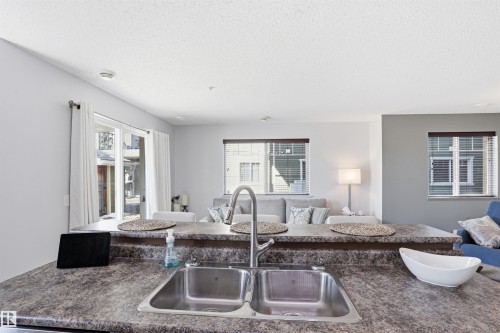 The kitchen features a double stainless steel sink with a high-arc faucet, set within a speckled countertop - 115 6925 199 Street, Edmonton, AB - Indoor Photo Showing Kitchen With Double Sink
