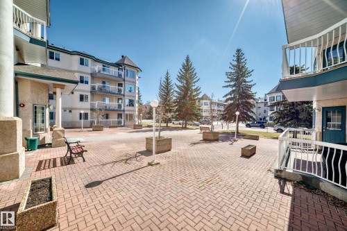 The property features a brick paved courtyard with mature evergreen trees and a decorative bench - 112 17150 94A Avenue, Edmonton, AB - Outdoor