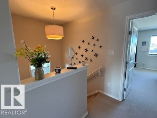 The property features a staircase with a white handrail, leading to a carpeted upper landing - 21316 95 Avenue, Edmonton, AB - Indoor Photo Showing Other Room