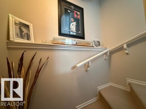 The staircase features carpeted steps, a white handrail, and white baseboards - 21316 95 Avenue, Edmonton, AB - Indoor