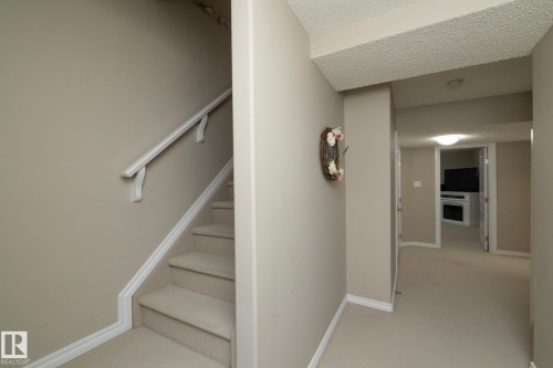 Carpeted staircase with white handrail and baseboards, leading to an interior hallway with carpeted flooring and an overhead light fixture - 132 Kirpatrick Way, Leduc, AB - Indoor Photo Showing Other Room
