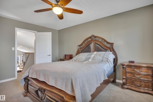 Bedroom featuring carpeted flooring, a ceiling fan with integrated lighting, and neutral-toned walls - 316 Avena Link, Leduc, AB - Indoor Photo Showing Bedroom