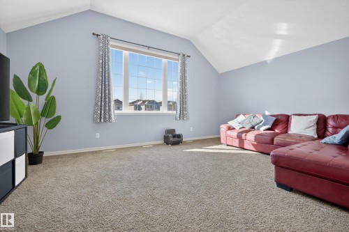 Spacious living area featuring vaulted ceilings, a large window with patterned curtains, and plush carpeting - 20714 56A Avenue, Edmonton, AB - Indoor
