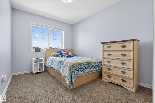 The bedroom features light blue walls, a window with a view of the sky, and carpeted flooring - 20714 56A Avenue, Edmonton, AB - Indoor Photo Showing Bedroom
