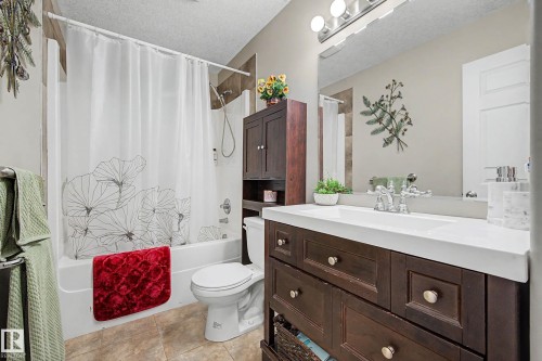 The bathroom includes a vanity with a white countertop and a mirror, a toilet, and a bathtub with a shower - 21 1850 Mill Woods Road E, Edmonton, AB - Indoor Photo Showing Bathroom