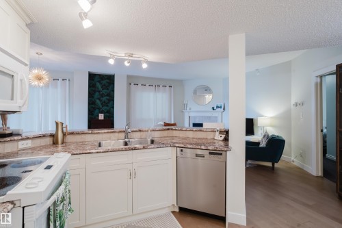 The kitchen features a double basin sink, white cabinetry, a dishwasher, and a stone countertop - 206 10108 125 Street, Edmonton, AB - Indoor Photo Showing Kitchen With Double Sink