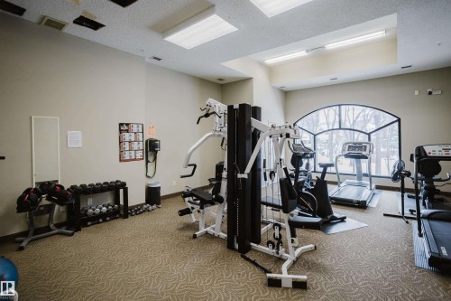 Fitness area featuring a variety of exercise equipment, including a multi-station weight machine, treadmill, and exercise bike - 206 10108 125 Street, Edmonton, AB - Indoor Photo Showing Gym Room