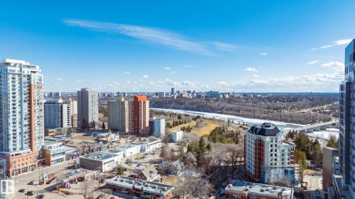 Expansive panoramic city and river views, showcasing surrounding urban structures and green spaces - 206 10108 125 Street, Edmonton, AB - Outdoor With View