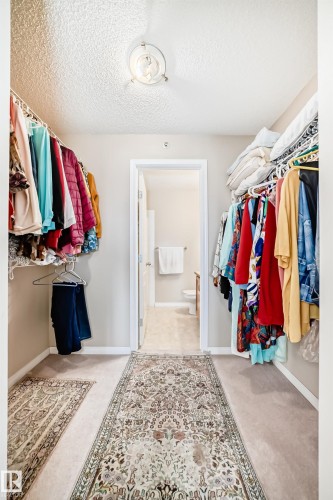 Walk-in closet featuring carpeted flooring and built-in shelving and hanging rods - 324 9525 162 Avenue Nw, Edmonton, AB - Indoor With Storage
