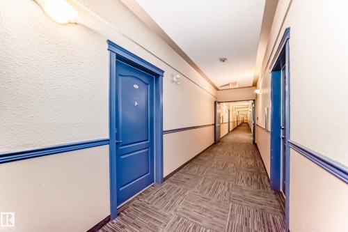 A well-lit interior hallway with textured walls, blue trim, and patterned carpeting - 324 9525 162 Avenue Nw, Edmonton, AB - Indoor Photo Showing Other Room
