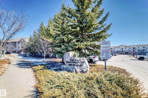 The property features a well-maintained pathway, mature evergreen trees, and a stone sign - 324 9525 162 Avenue Nw, Edmonton, AB - Outdoor