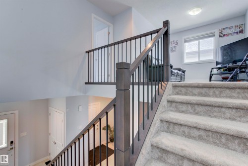 The property features carpeted stairs with a dark wood and metal railing - 8452 Cushing Crest, Edmonton, AB - Indoor Photo Showing Other Room