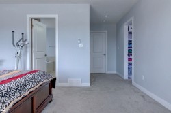 Room with light gray walls, gray carpet, and white trim - 