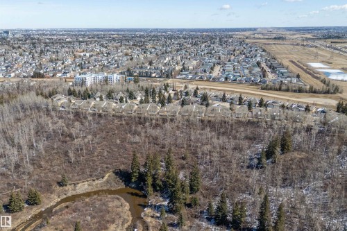 Aerial view showcasing the residential community, featuring a variety of properties with sloped roofs and surrounding trees - 14 920 119 Street, Edmonton, AB - Outdoor With View