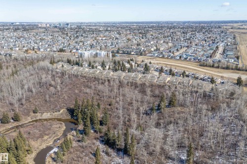An aerial view showcases the property situated within a developed community, bordering an undeveloped treed area with a visible winding river - 14 920 119 Street, Edmonton, AB - Outdoor With View