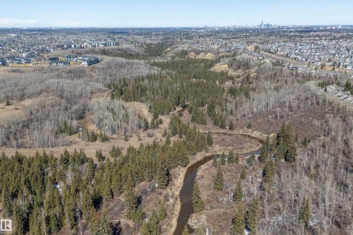 Expansive aerial view showcasing a winding river, dense evergreen forests, and deciduous trees - 14 920 119 Street, Edmonton, AB - Outdoor With View