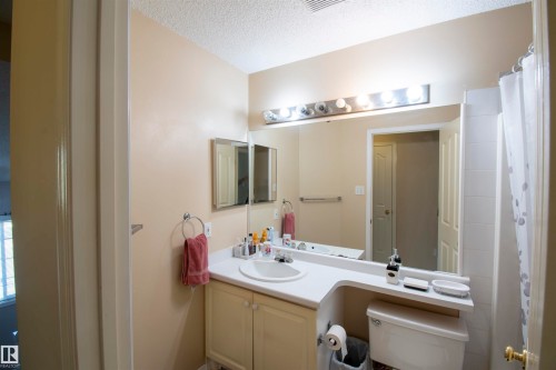 Bathroom featuring a vanity with a countertop, a sink, and cabinet storage - 2 9703 174 Street, Edmonton, AB - Indoor Photo Showing Bathroom